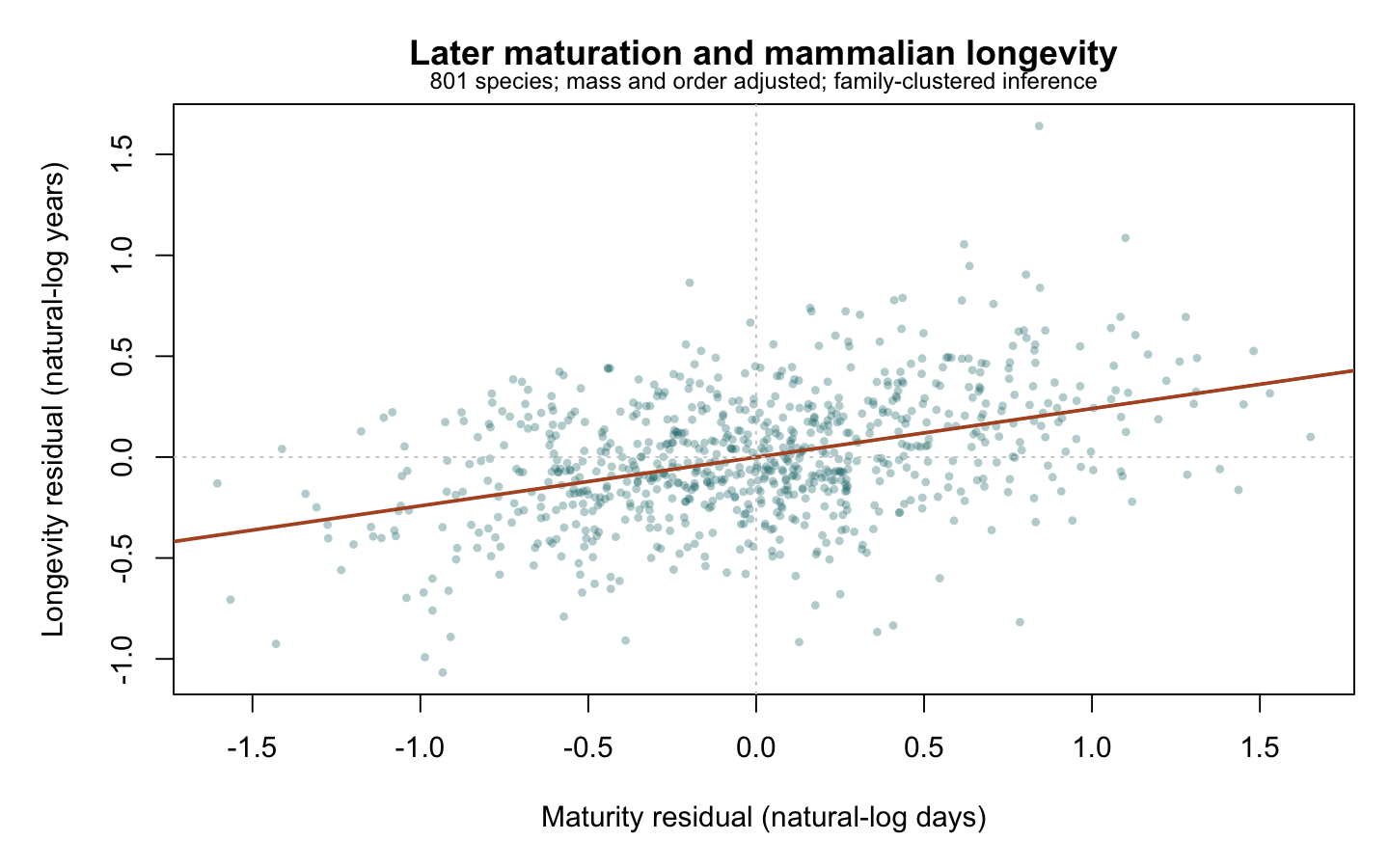 Scatter of mass- and order-adjusted log maturity against adjusted log longevity, with a positive fitted slope.